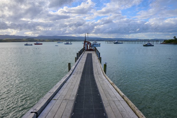 Ein Holzsteg führt ins Meer mit Booten und einer Brücke im Hintergrund, Moeraki, Hampden, North