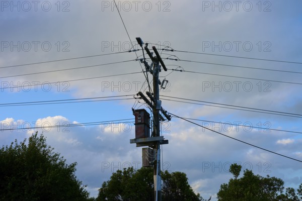 Ein Strommast mit Kabeln unter einem teils bewölkten, sonnigen Himmel, Moeraki, Hampden, North