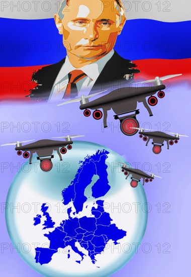 Symbolic image, Putin and Ukraine war, Russian drones over EU, sabotage by Russia, undersea cables,