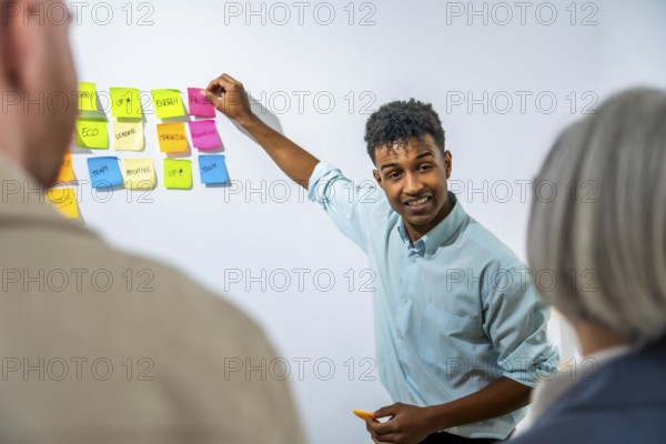 Young man smiling and presenting new business ideas, organizing colorful sticky notes on a
