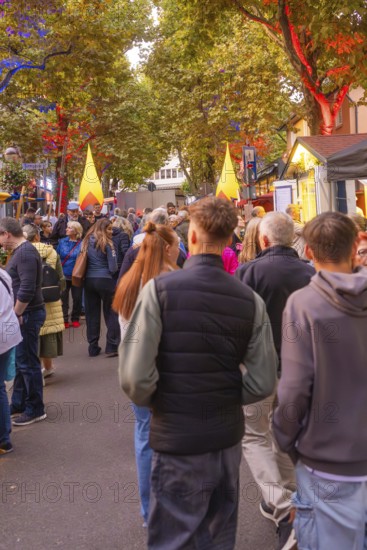 A busy street full of people illuminated by the colourful lights of a festival, Fire Night,