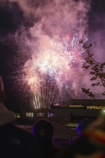 Colourful fireworks in the night sky during a celebration, the scene is accompanied by smoke and