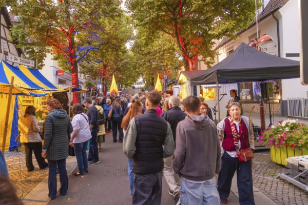 A cosy street festival in the evening with illuminated trees, tents and lots of people, accompanied