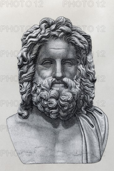 Jupiter Otricoli, historical book illustration after the marble bust, Brockhaus