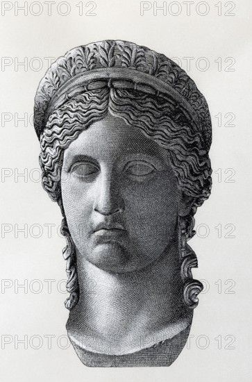 Juno Ludovisi, historical illustration after the colossal marble head of the goddess from the 1st