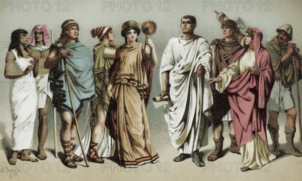 Clothing of the Egyptians, Greeks and Romans, couples wearing antique costumes, historical book