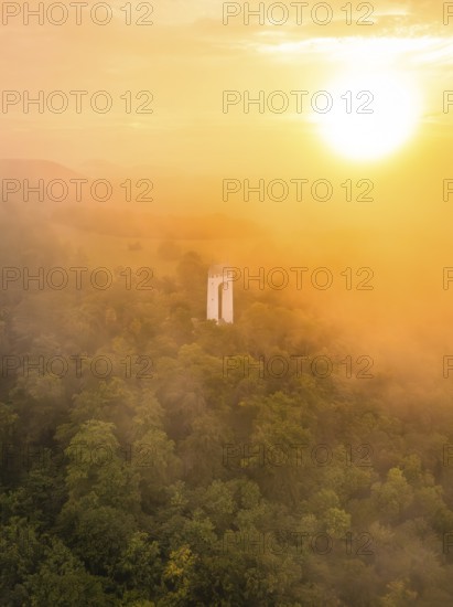 A lone tower rises out of a misty forest, illuminated by a warm sunset, Schönbergturm, Pfullingen,