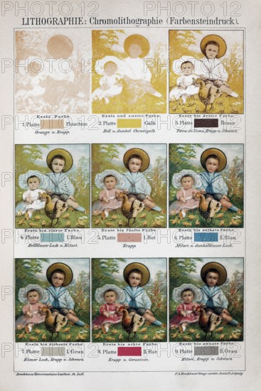 Colour plate lithography, chromolithography, structure of printing plates for multicoloured images,