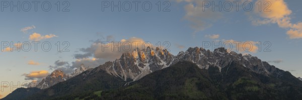 Panoramic view of the local mountains of San Candido in the evening light, Haunold, Birkenkofel,
