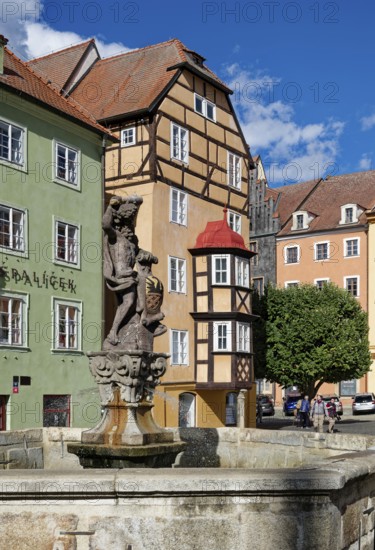 Old Town with Hercules Fountain and Stöckl, Hercules statue, Market Square, Cheb, Eger, Egerland,