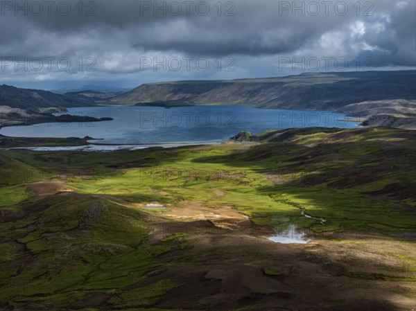 Volcanic landscape, mountains, cloudy, aerial view, summer, lake, hot springs, Krysuvik geothermal