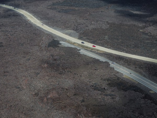 Lava, lava field, road, destroyed, summer, cloudy, sunny, aerial view, Blue Lagoon, Sundhnúkur
