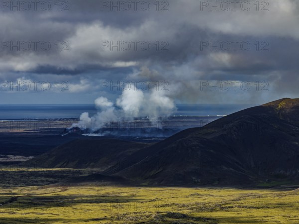 Lava, lava field, summer, cloudy, sunny, volcanic eruption, aerial view, July 2025, Grindavik,