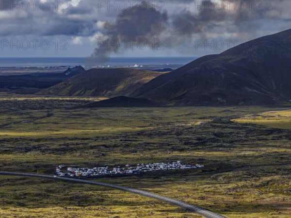Lava, lava field, summer, cloudy, sunny, volcanic eruption, aerial view, tourists, car park, July