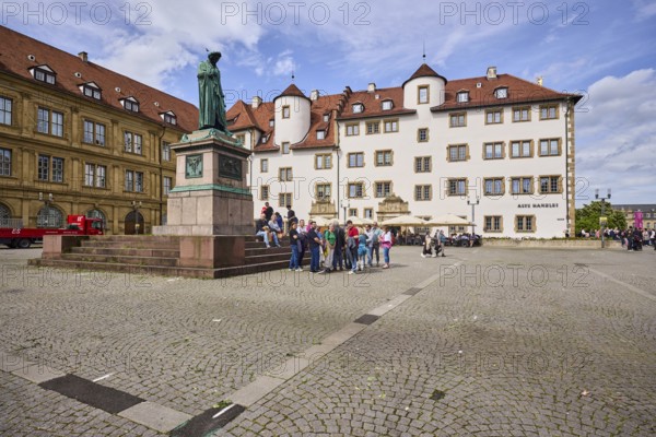 Schiller monument, Prinzenbau, restaurant Alte Kanzlei, outdoor area of a restaurant with parasol,