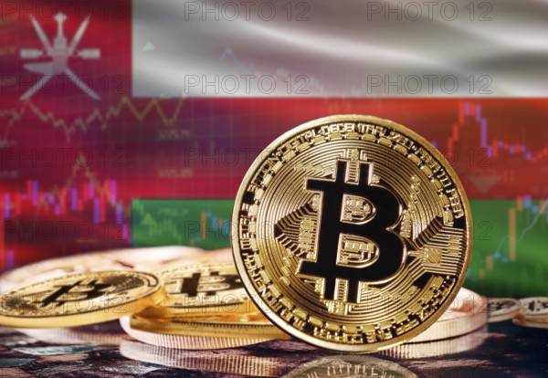Bitcoin with Oman flag in the background. Investors in cryptocurrency and Blockchain Technology in