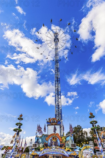 Ride Bayern Tower in front of a white-blue sky, Festwiese, Theresienwiese, Oktoberfest, Munich,