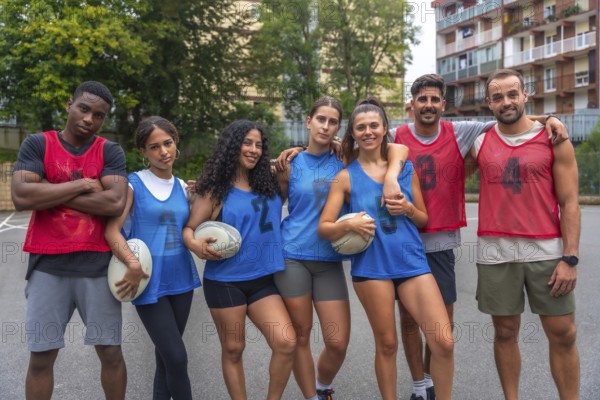 Multi ethnic rugby team posing together with their arms around each other's shoulders, holding