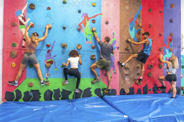 Five athletes climbing a bouldering wall in a gym, focusing on their training and exercising