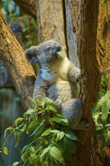 A koala eating eucalyptus on a tree, koala (Phascolarctos cinereus), lives in Australia, captive,