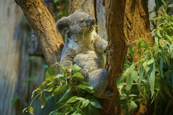 A koala sits comfortably on a tree and enjoys eucalyptus leaves, koala (Phascolarctos cinereus),