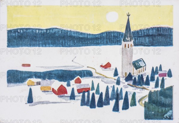 Old Christmas greeting card. Village with church in wintry landscape