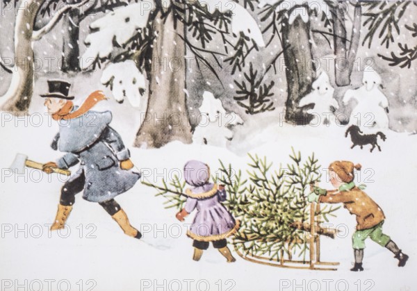 Old Christmas greeting card. A man and two children in the forest with a freshly cut fir tree on a