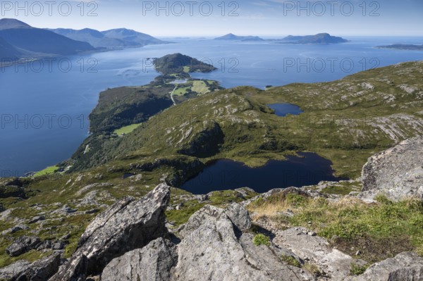 Extensive coastal landscape with mountains, lakes and fjord, Otroya or Otrøya island, Møre og
