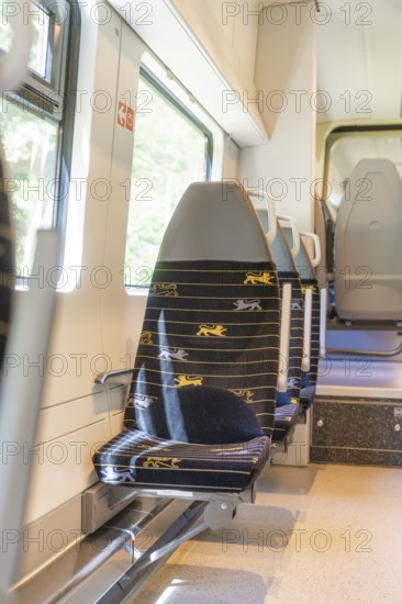 Single modern train seat with a view of the landscape, battery Electric train with green