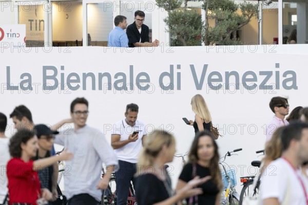 Venice, Italy - 1 September 2025: La Biennale di Venezia - Logo in front of the Palazzo del Cinema