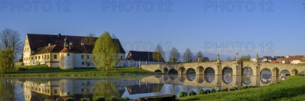 Morning atmosphere, fog at Fischhof, with historic Fischhof bridge, Tirschenreuth, Upper