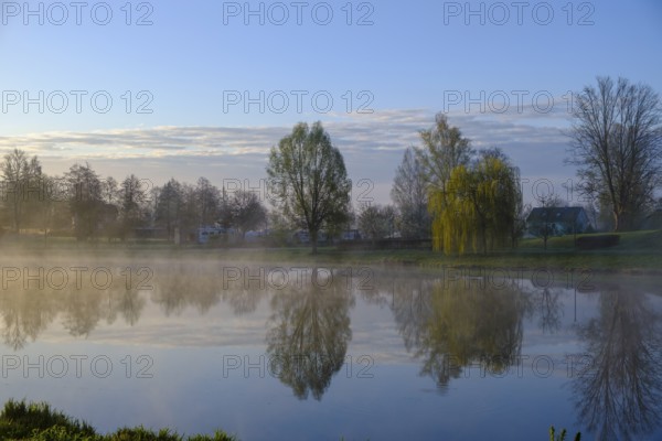 Motorhome site, morning mood, fog at the Fischhof, Tirschenreuth, Upper Palatinate, Bavaria,
