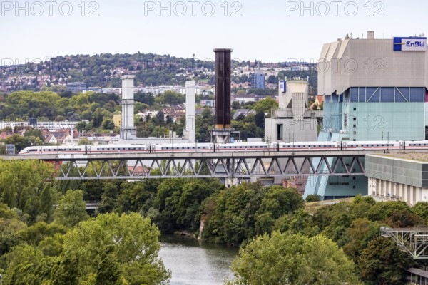 Deutsche Bahn AG ICE en route on the Schuster railway near Stuttgart. Railway viaduct over the
