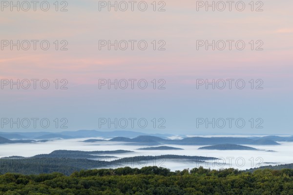 View over the Palatinate Forest, mixed forest, dawn, fog, Luipoldsturm, Hermansbergdorf,