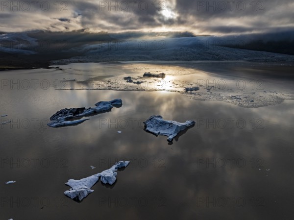 Icebergs, ice floes, glacial lake, glacier, summer, evening mood, aerial view, Fjallsjökull,