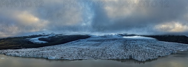 Glacier, glacier tongue, summer, panorama, evening mood, clouds, aerial view, Fjallsjökull,
