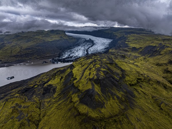 Glacier, glacier tongue, lake, mountains, cloudy, rainy, summer, aerial view, Myrdalsjökull,