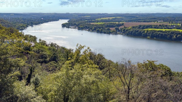 Bird's eye view of Lake Baldeney and Schellenberger Wald mixed forest in front, Essen, North