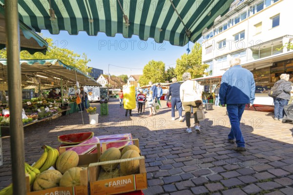 Visitors under striped market umbrellas stroll past a stall with melons and bananas, Sindelfingen,