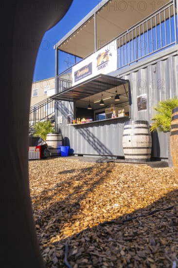 A sunny snack stand made from a container with barrels on a wooden chipboard floor, open air cinema
