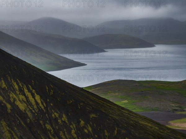 Lake, mountains, volcanic landscape, clouds, aerial view, summer, Kleifarvatn, Reykjanes Peninsula,
