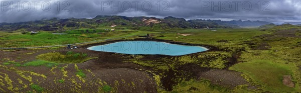 Lake, crater lake, mountains, cloudy, turquoise, volcanic landscape, hot springs, panorama, aerial