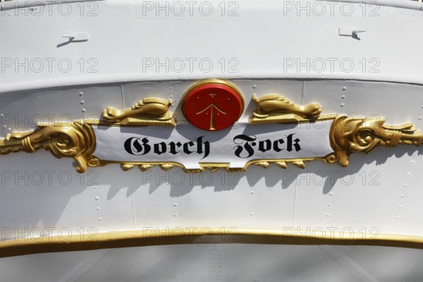 Ship name at the stern, Gorch Fock, also Gorch Fock I, built in 1933 by Blohm & Voss for the