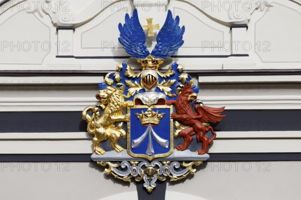 Coat of arms of Swedish Pomerania on the town hall, Alter Markt Old Town, UNESCO World Heritage