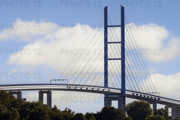 Rügen bridge, sunny white clouds, Rügen dam, connects the island of Rügen with the Hanseatic city