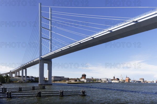 Rügen Bridge, behind Old Town Stralsund, blue sky, sea, Baltic Sea, Rügen Dam, connects the island