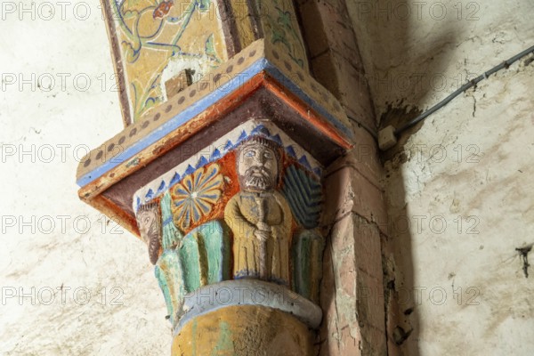 Compains, carved capital, Saint Georges church, Auvergne Volcanoes Regional Park, Cezallier region,