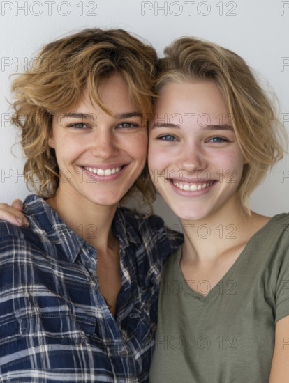 Two smiling woman in casual clothes pose friendly on a wall, symbolic image for same-sex