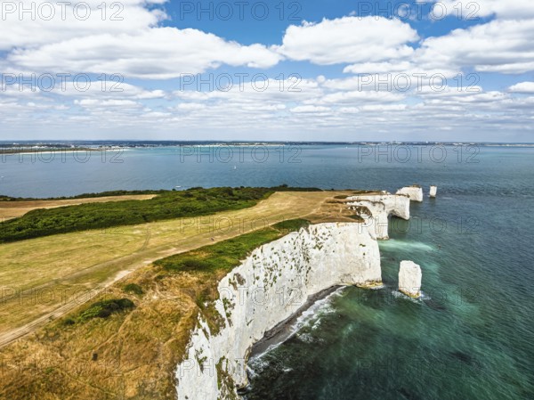 White Cliffs of Old Harry Rocks Jurassic Coast from a drone, Handfast Point, Dorset Coast, Poole,
