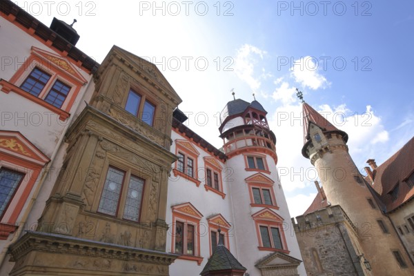 Inner courtyard with view upwards, Towers with oriel, Renaissance, Perspective, Castle, Veste